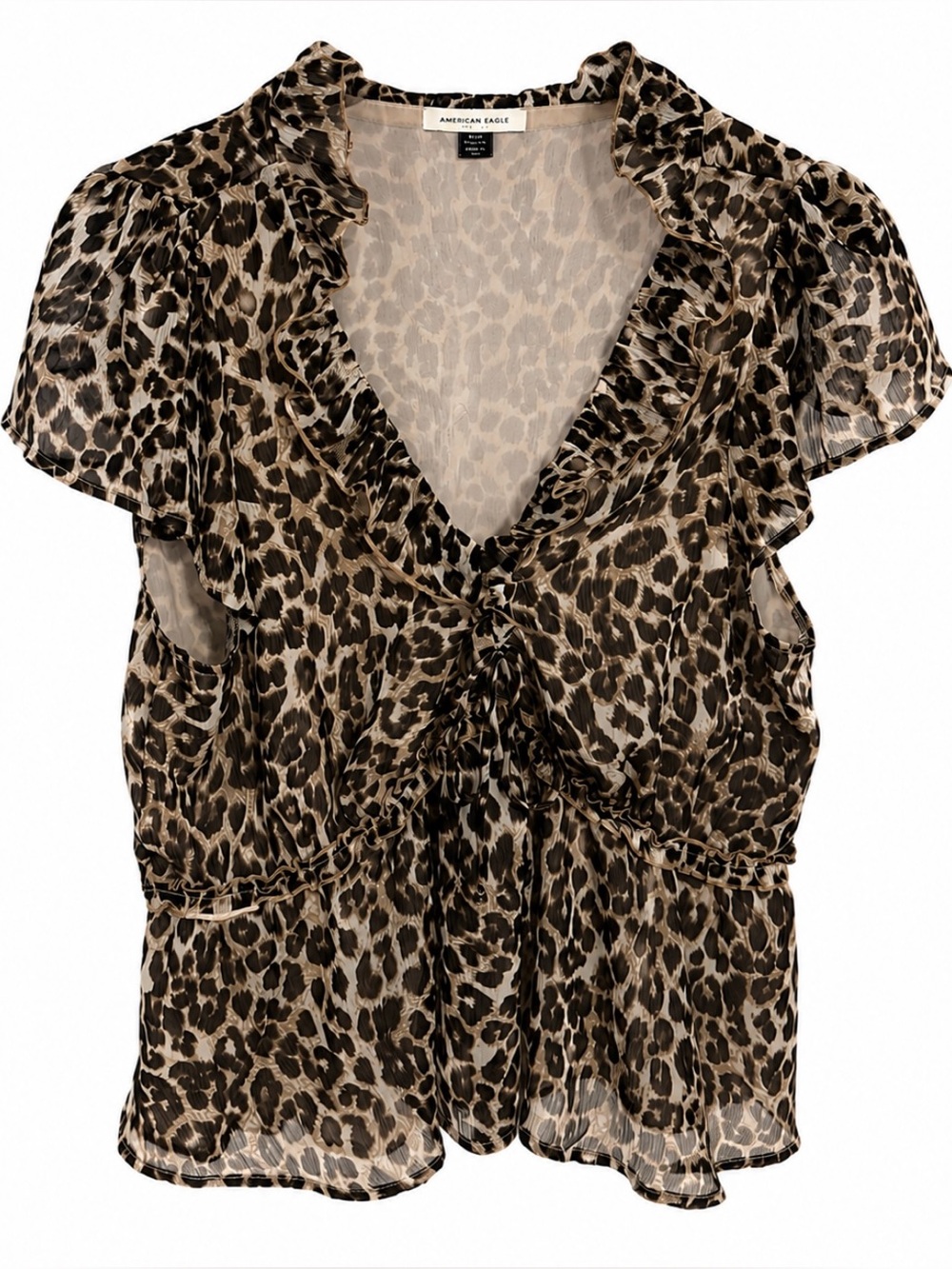American Eagle Outfitters Leopard Print Ruffle Tie-Front Blouse - Brown